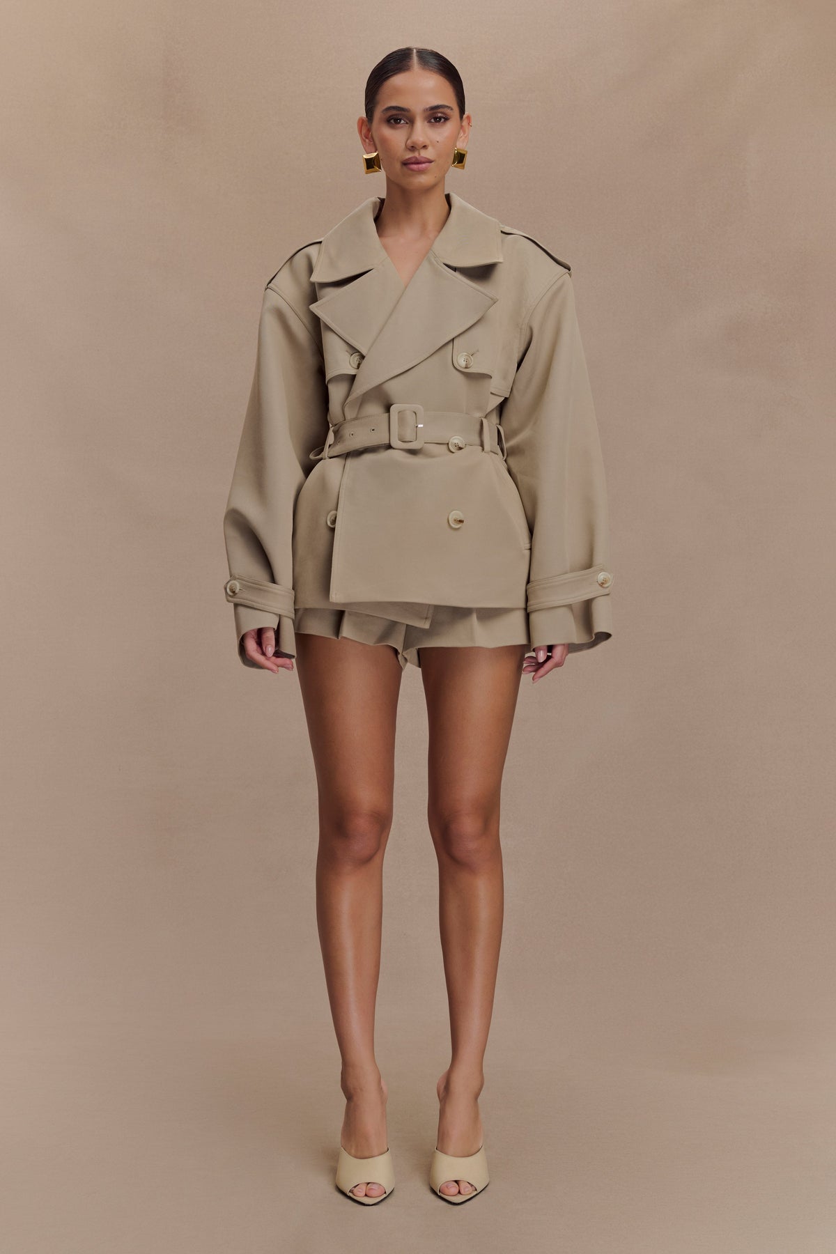 ELSENYA Diane Belted Short Trench in Pebble