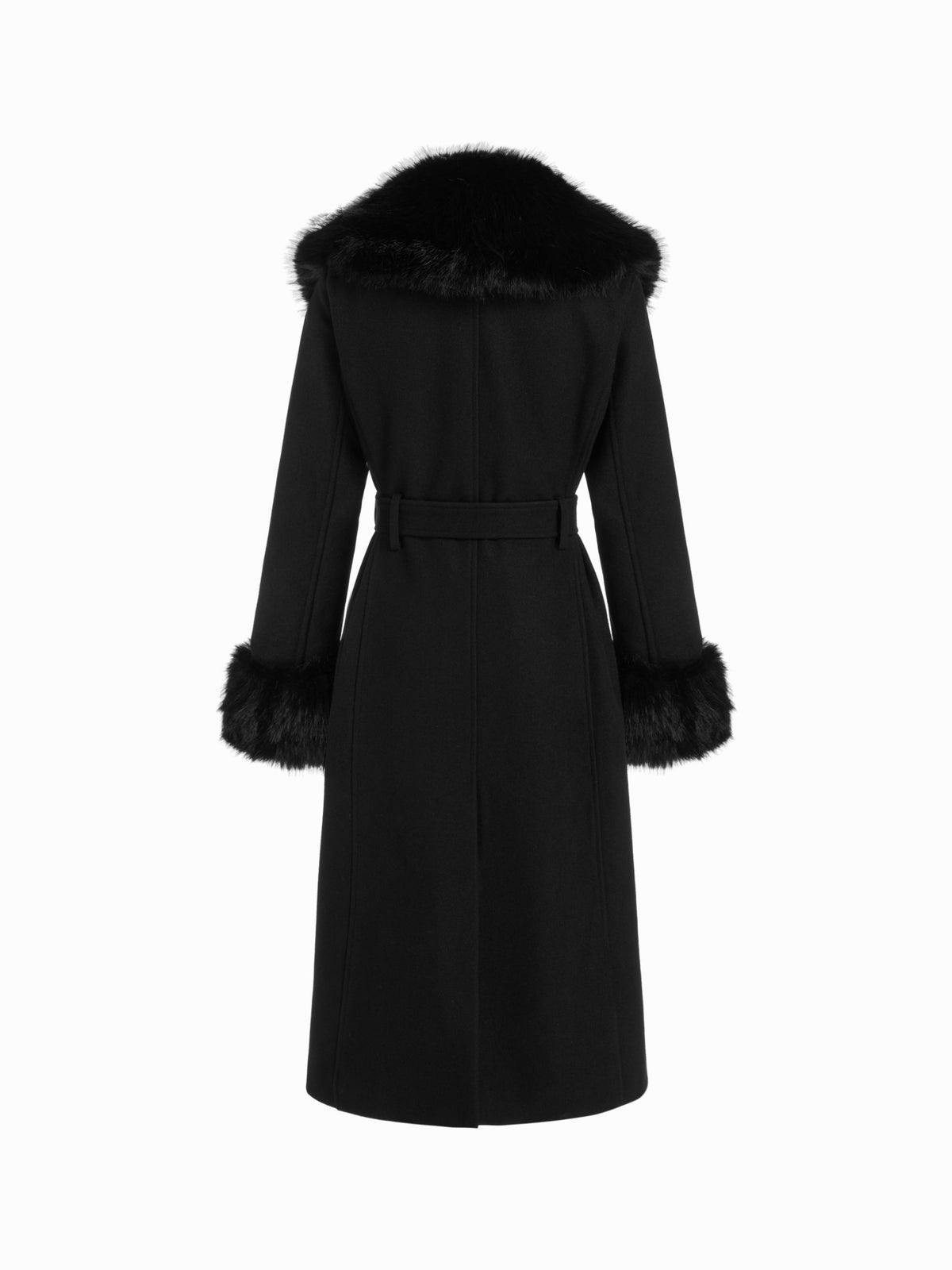 Anastasie black coat with faux-fur collar and cuffs, back flat view