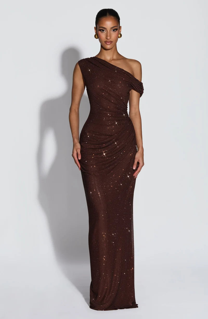ELSENYA Isadora Asymmetric Maxi Dress in Plum Brown