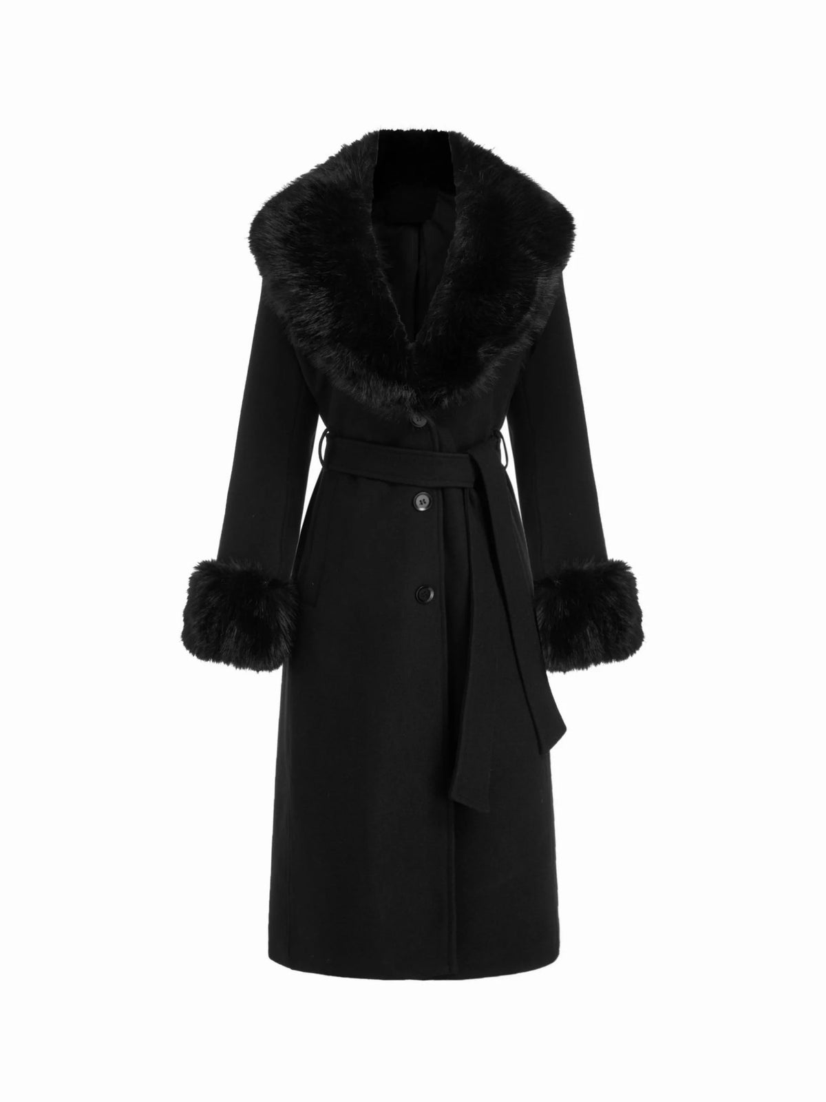 Anastasie long black belted coat with faux-fur collar and cuffs, front flat view