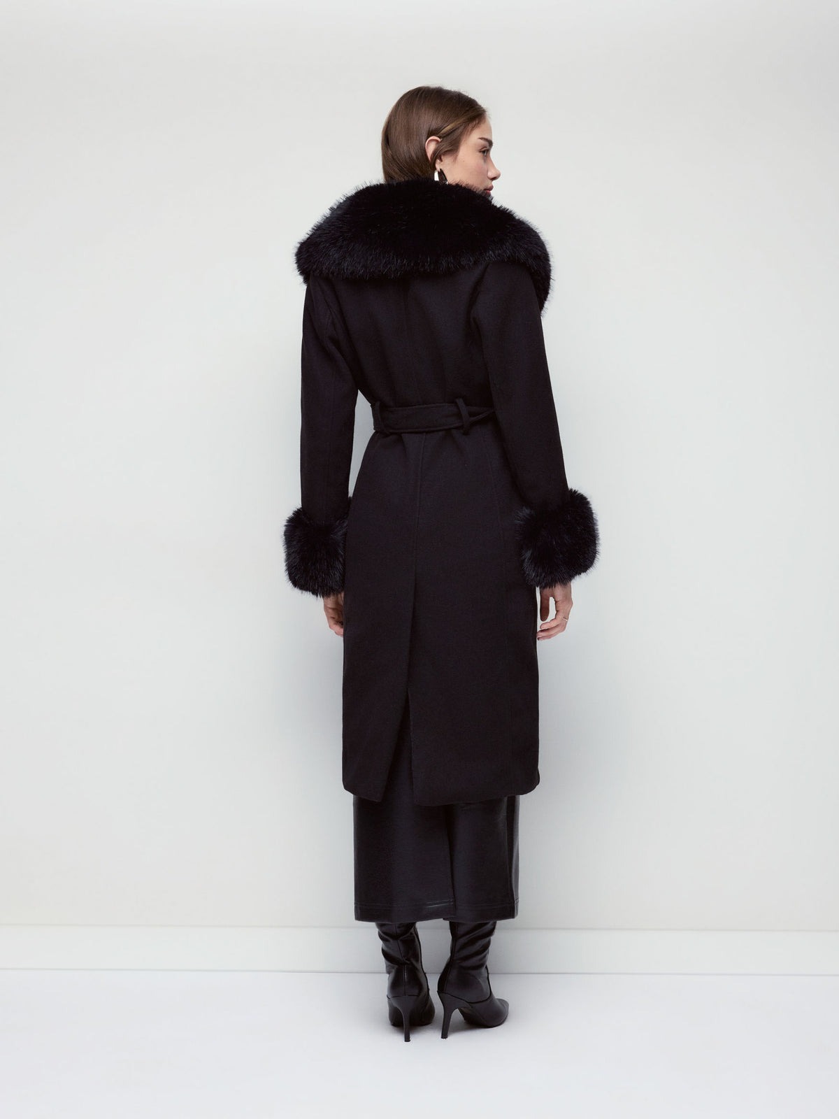Anastasie black faux-fur collar coat, back view worn